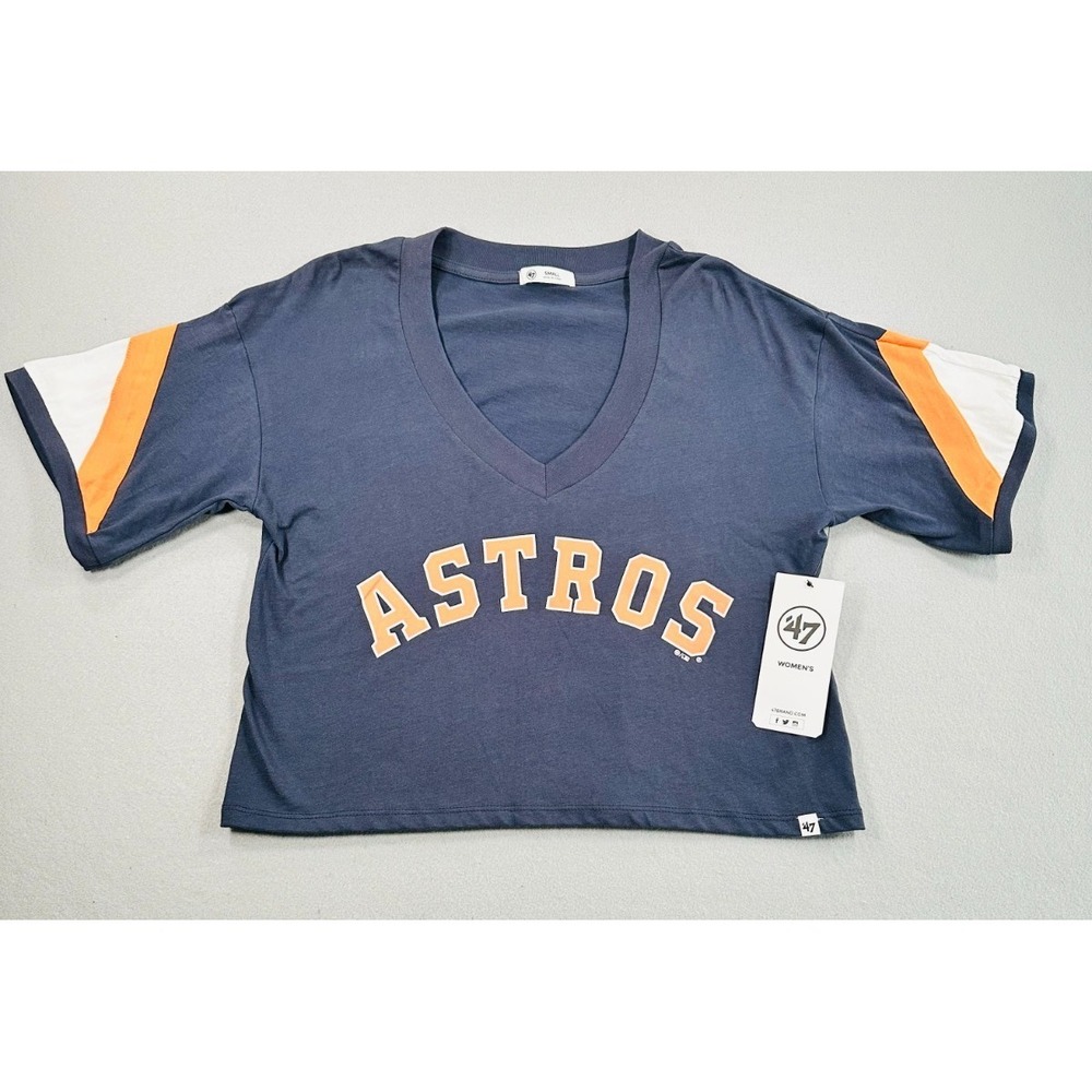 Houston Astros 47 Brand Women's Crop Top V Neck Shirt Small MLB NWT Blue